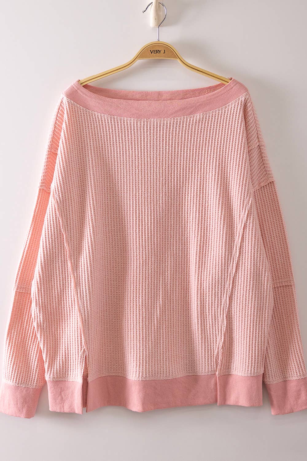 Boat Neck Waffle Knit Top
