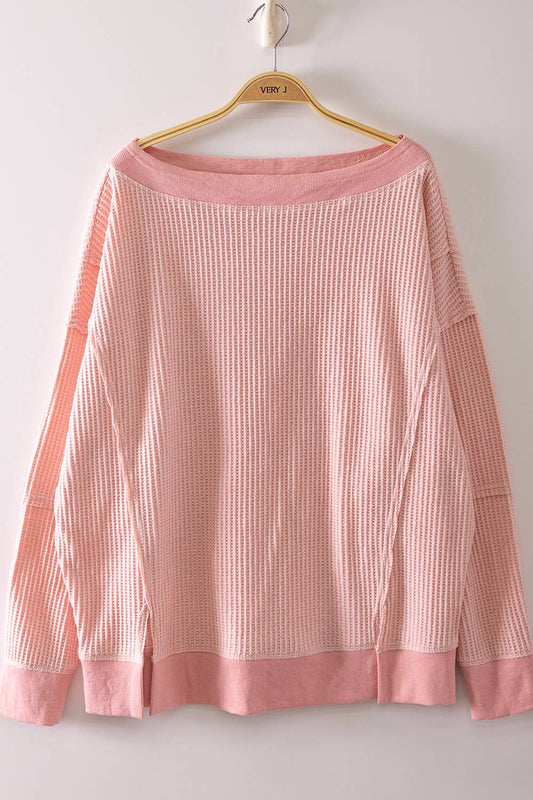 Boat Neck Waffle Knit Top