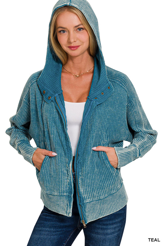 Waffle Hooded Zip-Up Jacket Teal Acid Wash