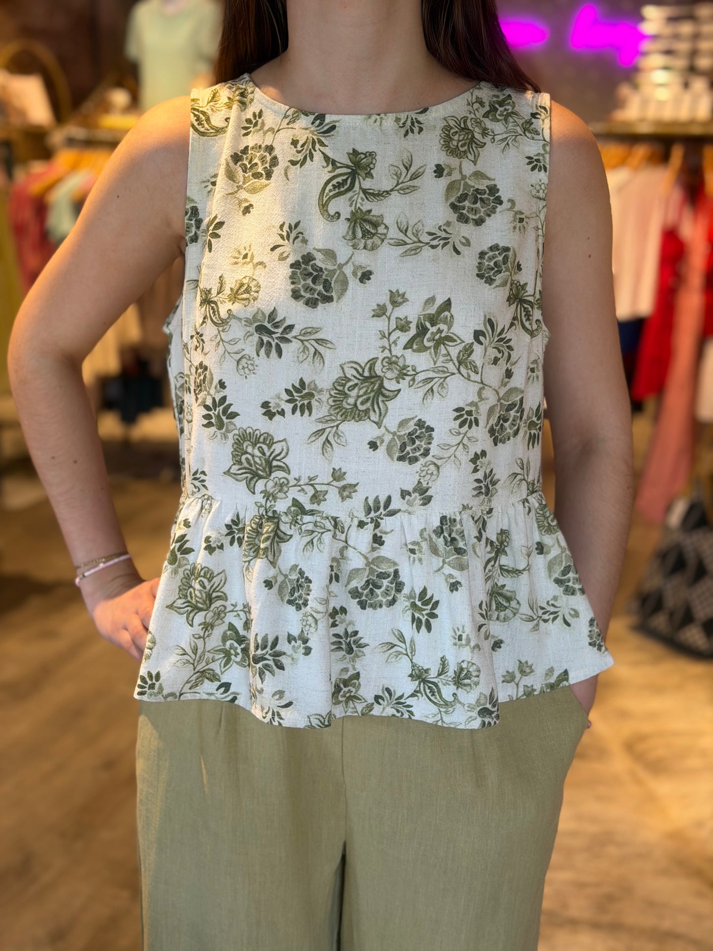 Linen Floral Open Back Top