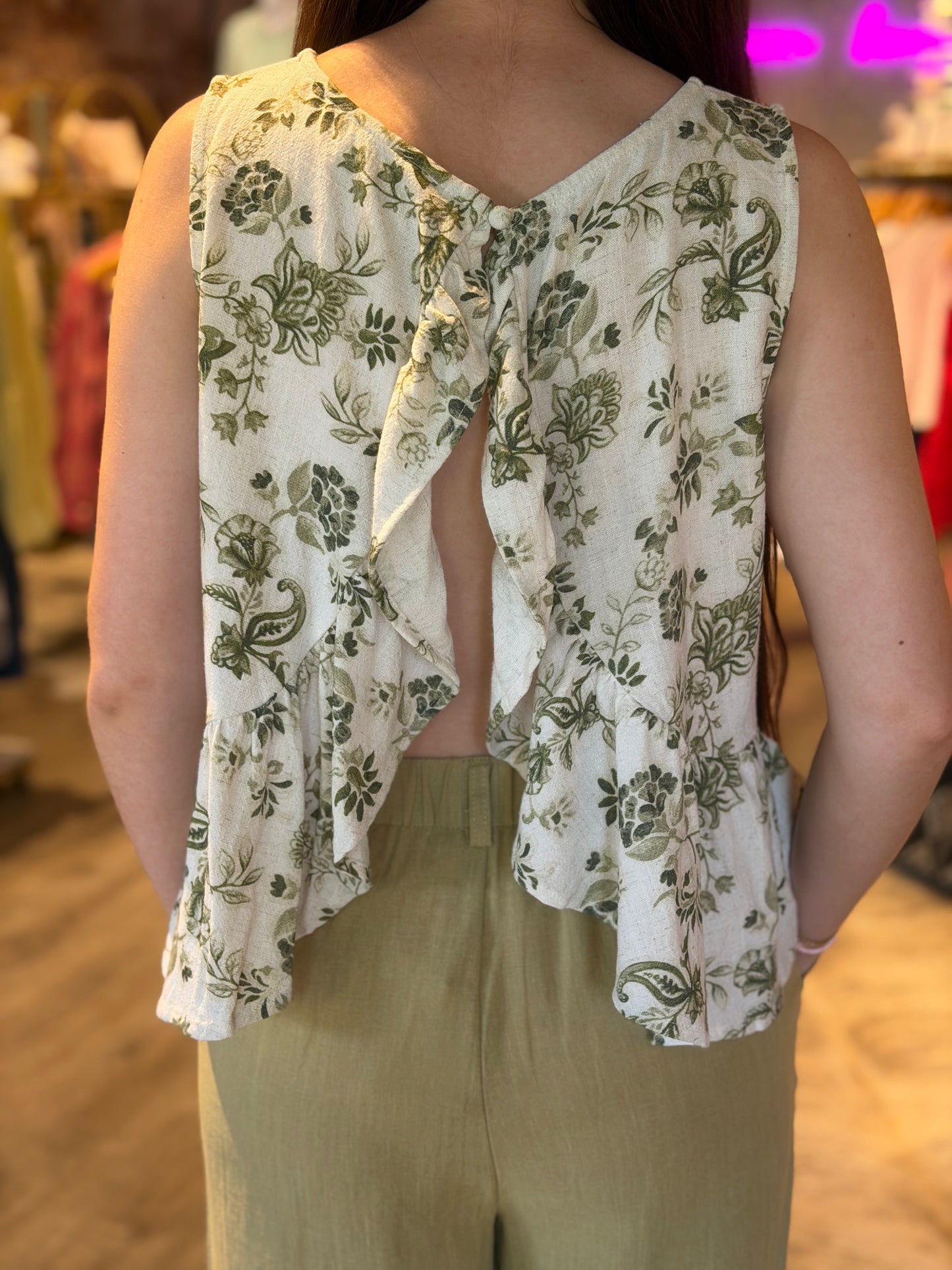 Linen Floral Open Back Top