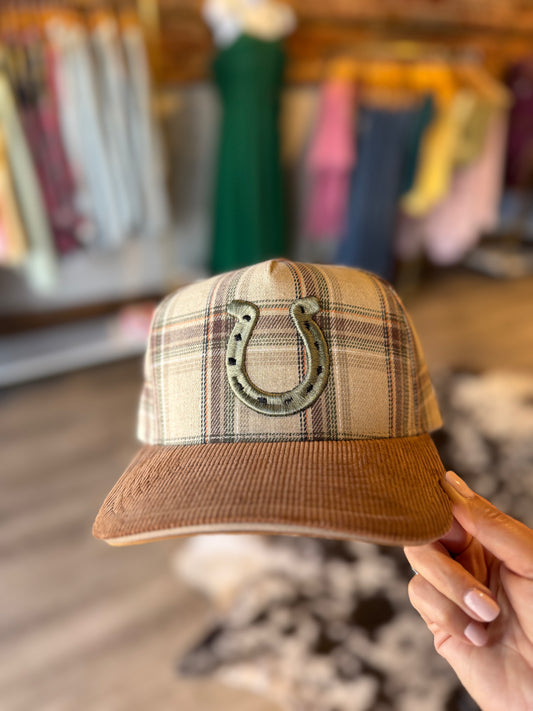 Horseshoe Plaid Corduroy Trucker Hat