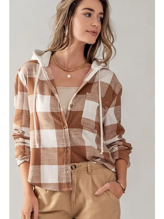 Button Down Flannel Hooded Shirt