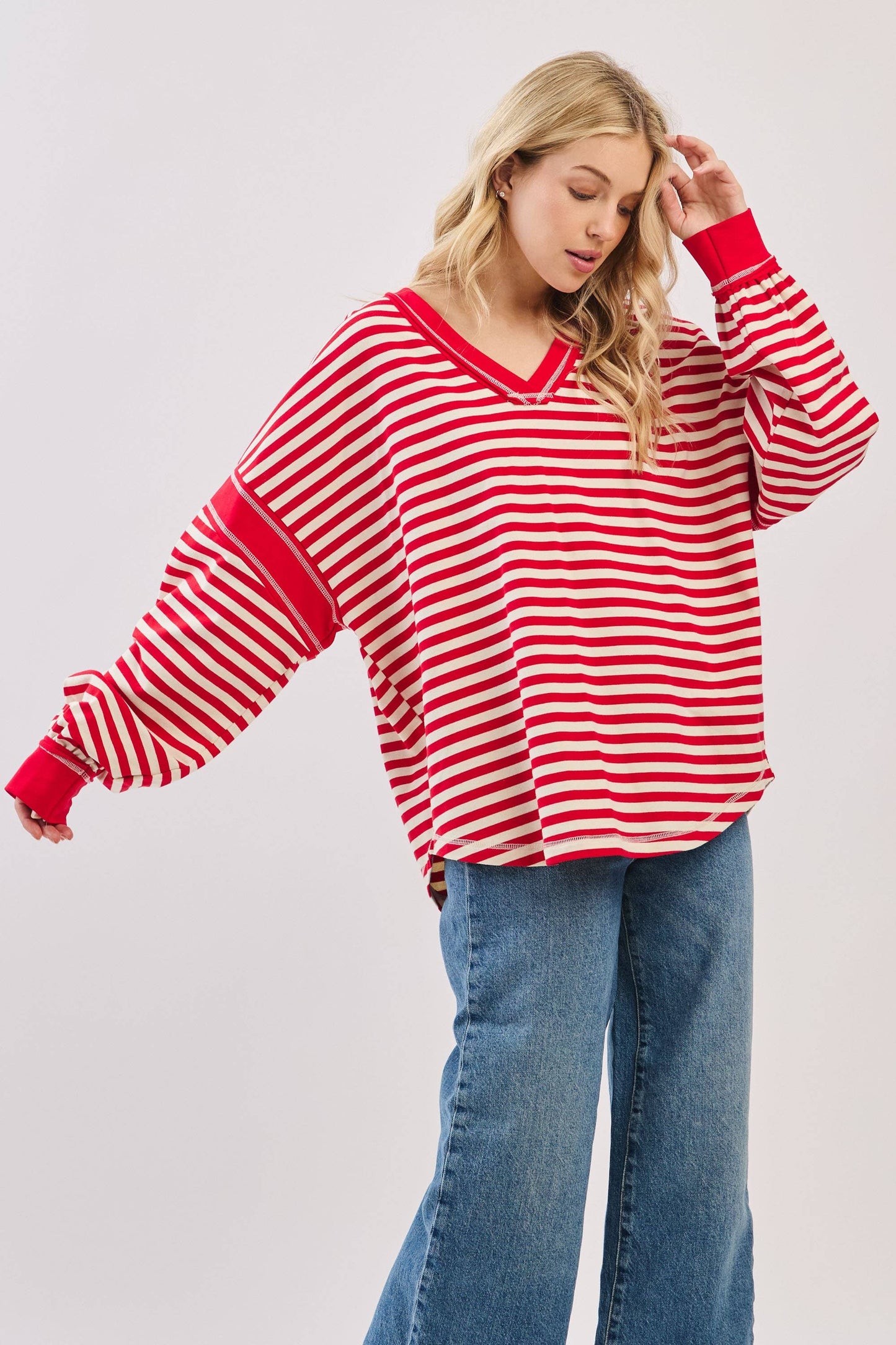 Striped Balloon Sleeve V-Neck Knit Top