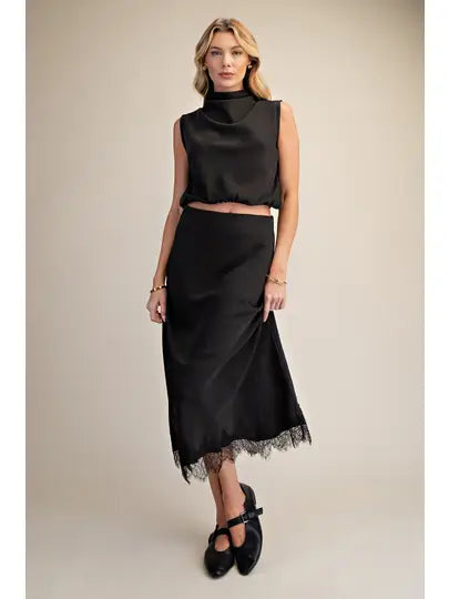 Lace Satin Effect Midi Skirt
