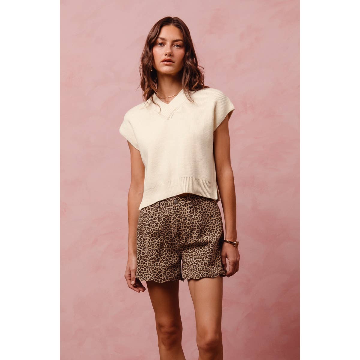 Mid Rise Leopard Shorts with Scallop Hem