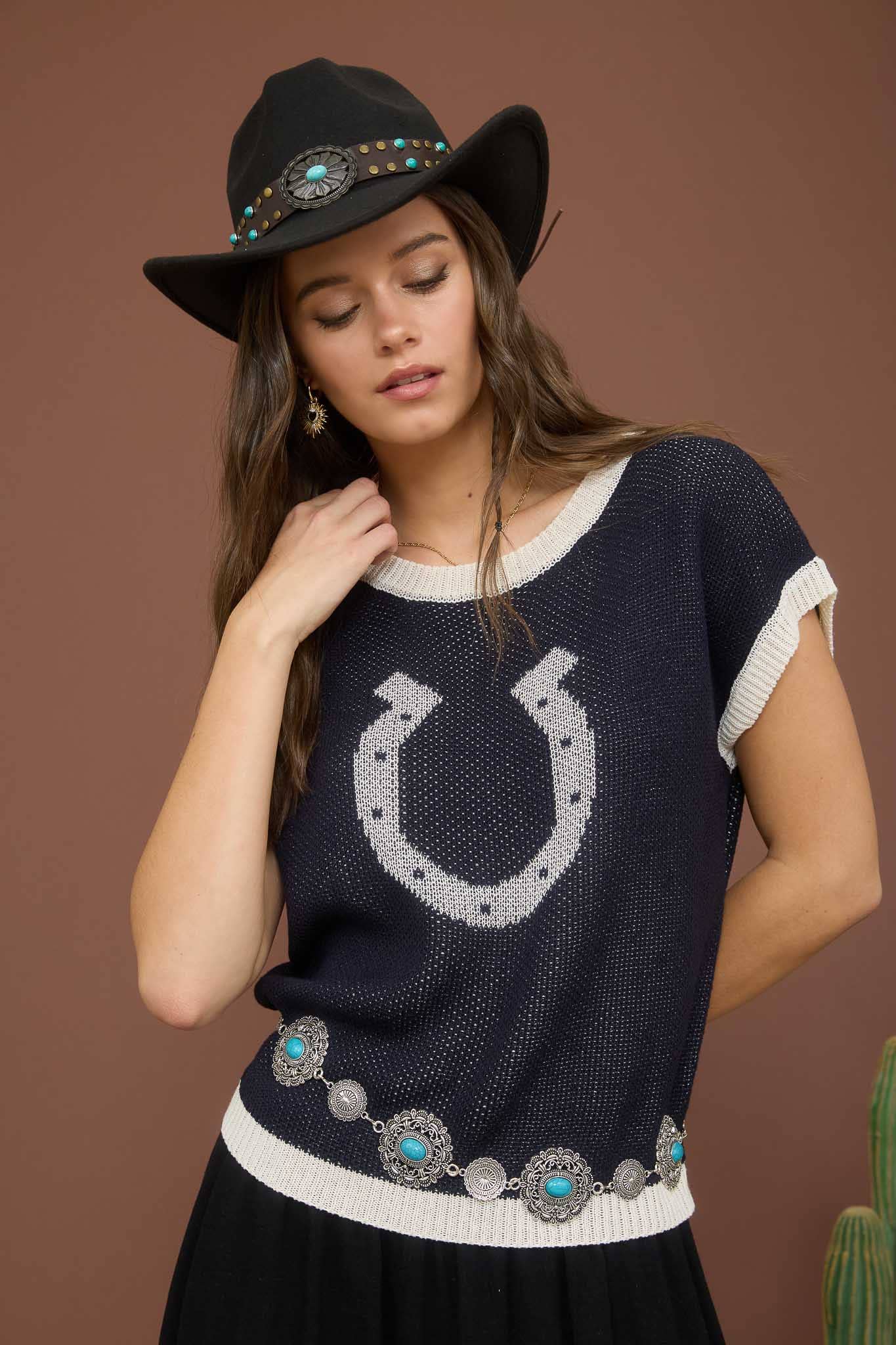 Navy Horseshoe Knit Sweater Top