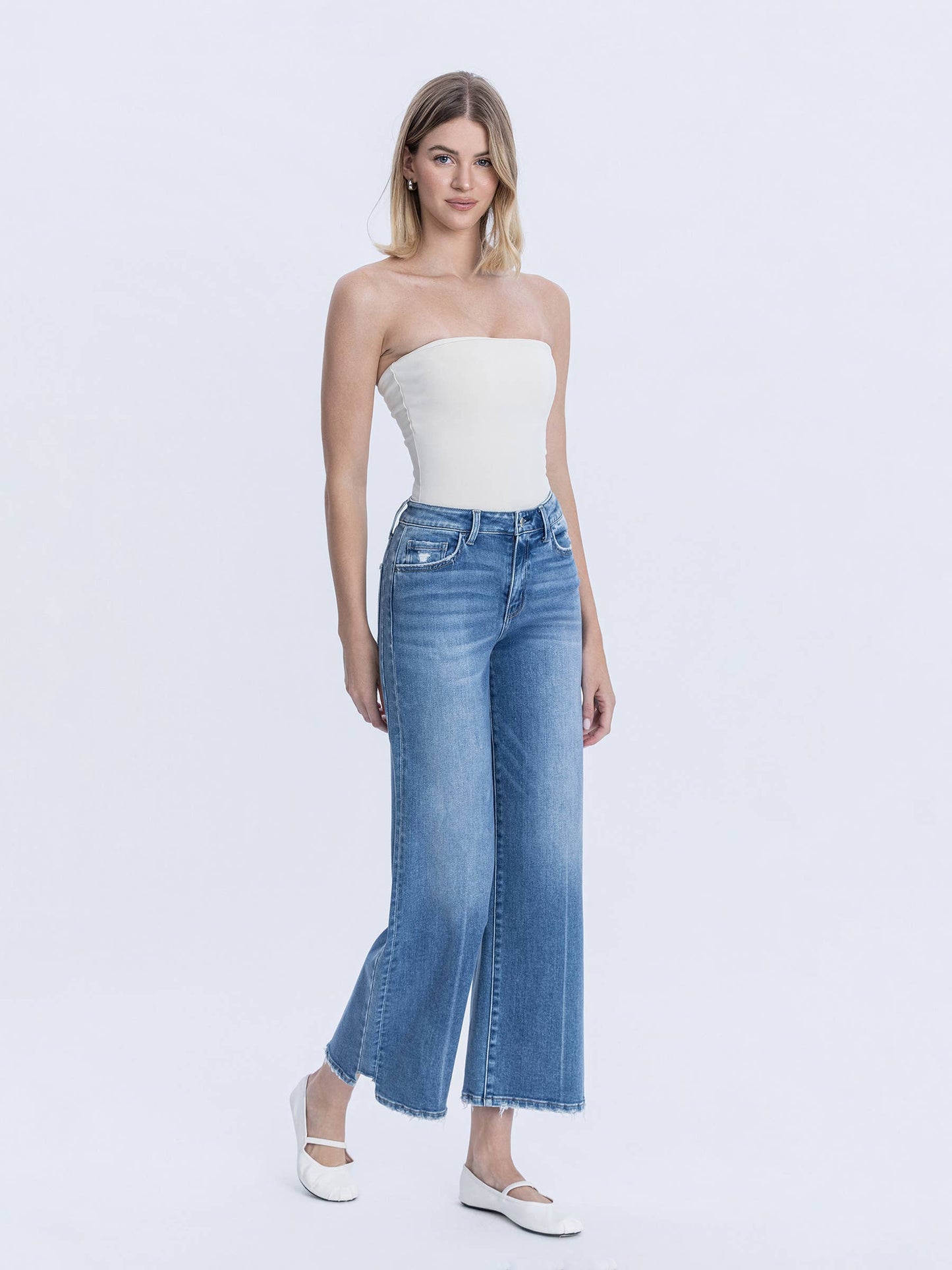 High Rise Side Panel Step Hem Ankle Wide Jeans