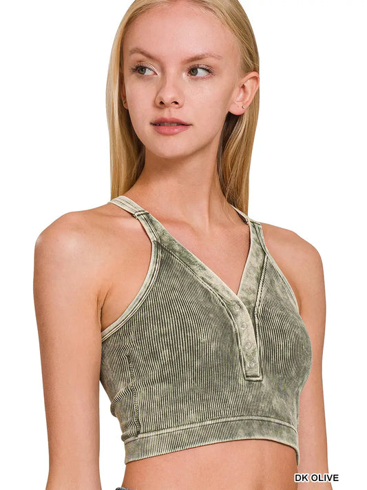 Washed Ribbed Cropped Button V-Neck Tank Top