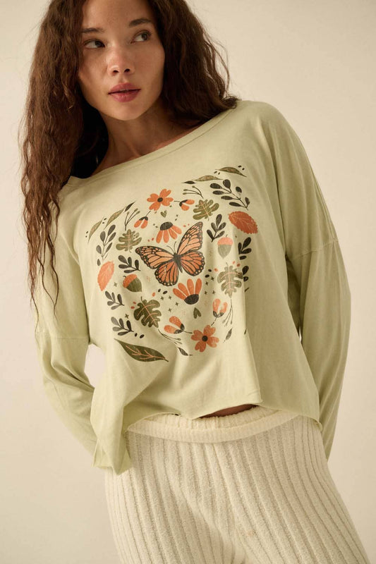 Butterfly Cropped Vintage-Wash Graphic Tee