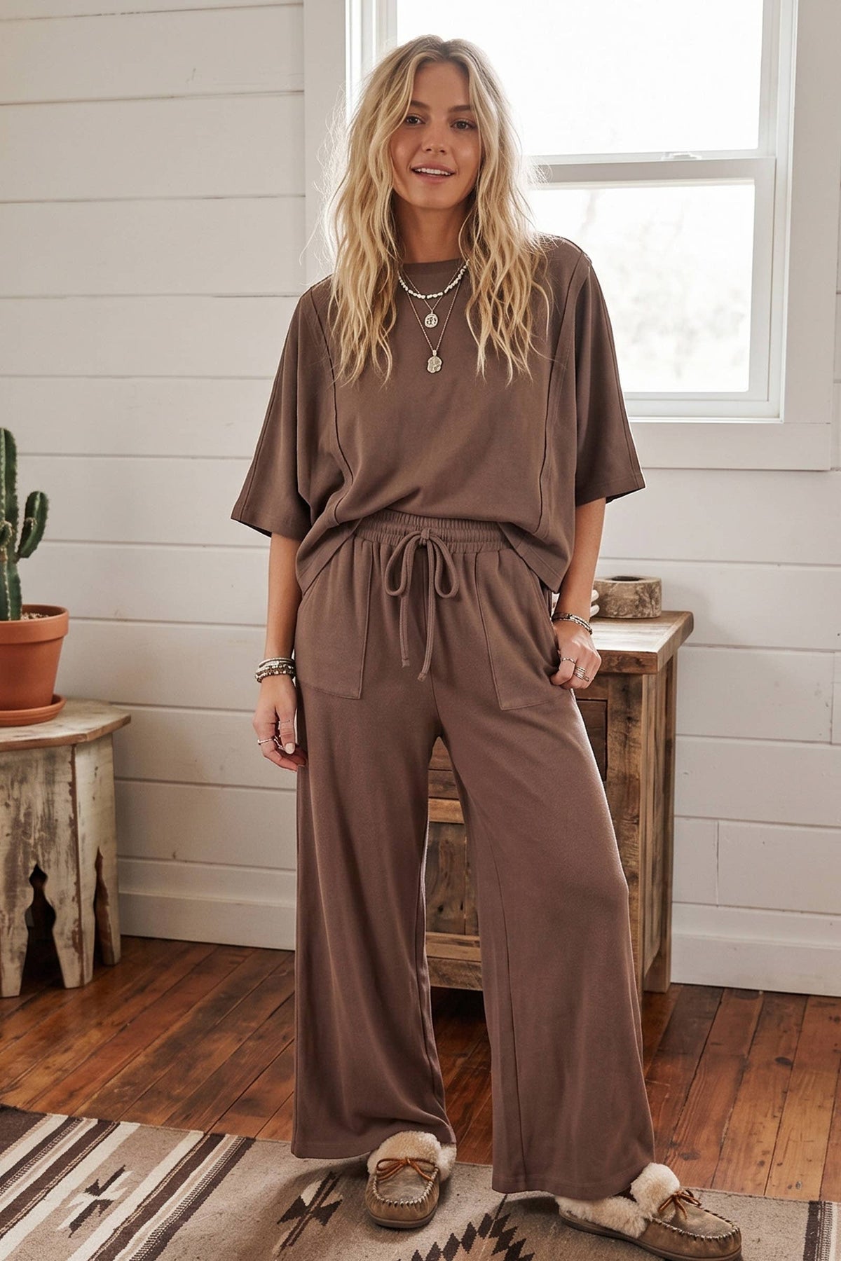 Brushed Stretch Boxy Top & Wide Leg Pant Set