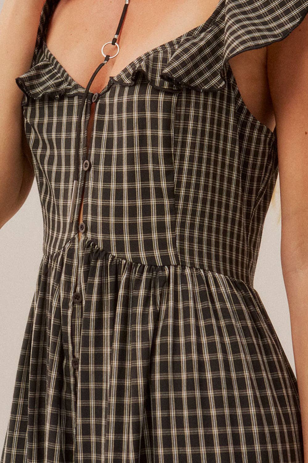 Plaid Button-Front Sweetheart Tiered Ruffle Midi Dress