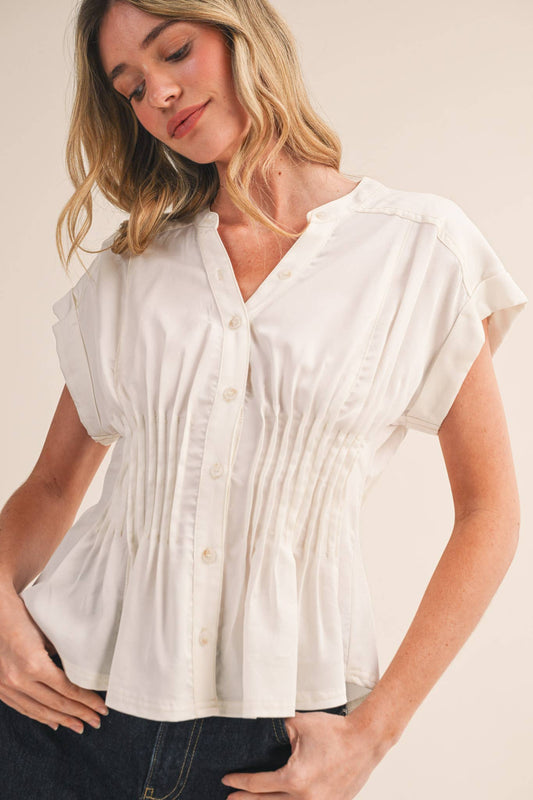 Pin Tuck Waist Button Down Top