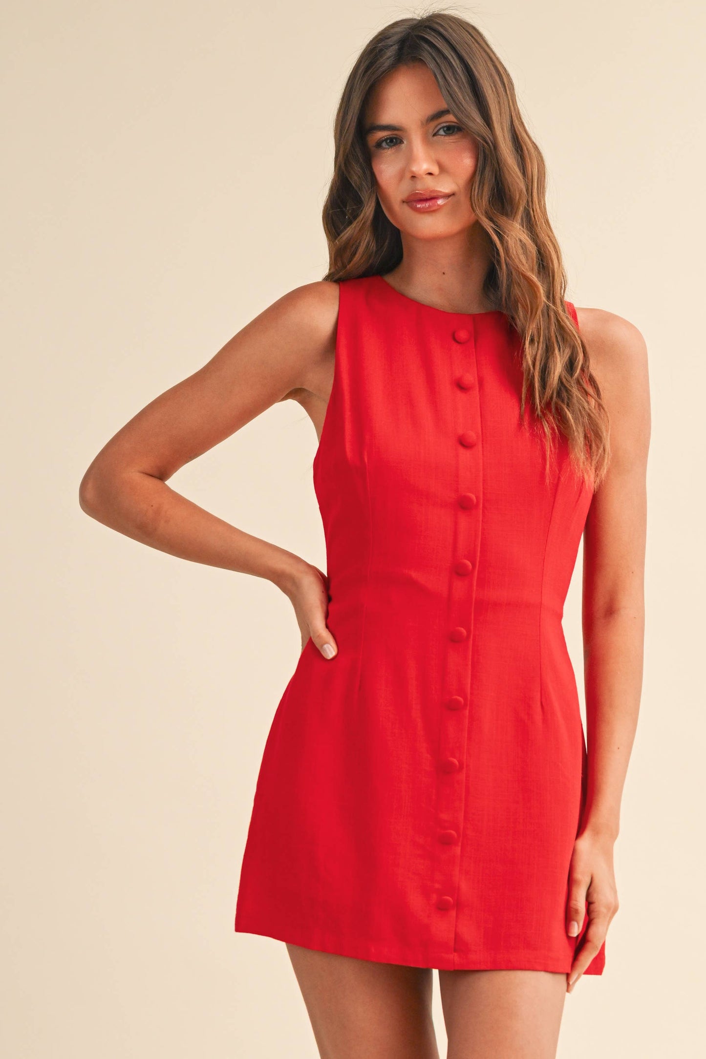 Linen Blend Red Mini Dress