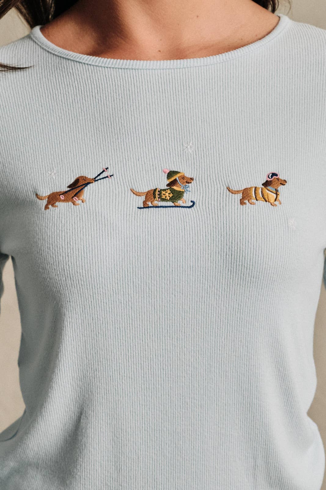 Ski Dog Embroidered Ribbed Long Sleeve Top