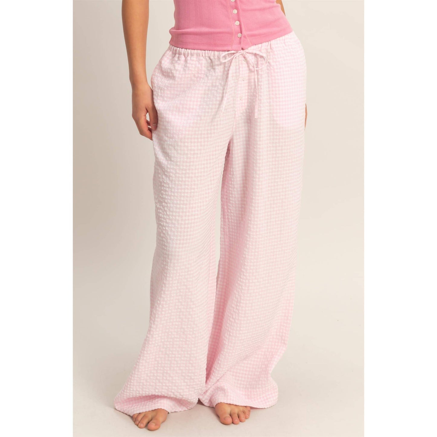 Gingham Drawstring Wide-Leg Pants