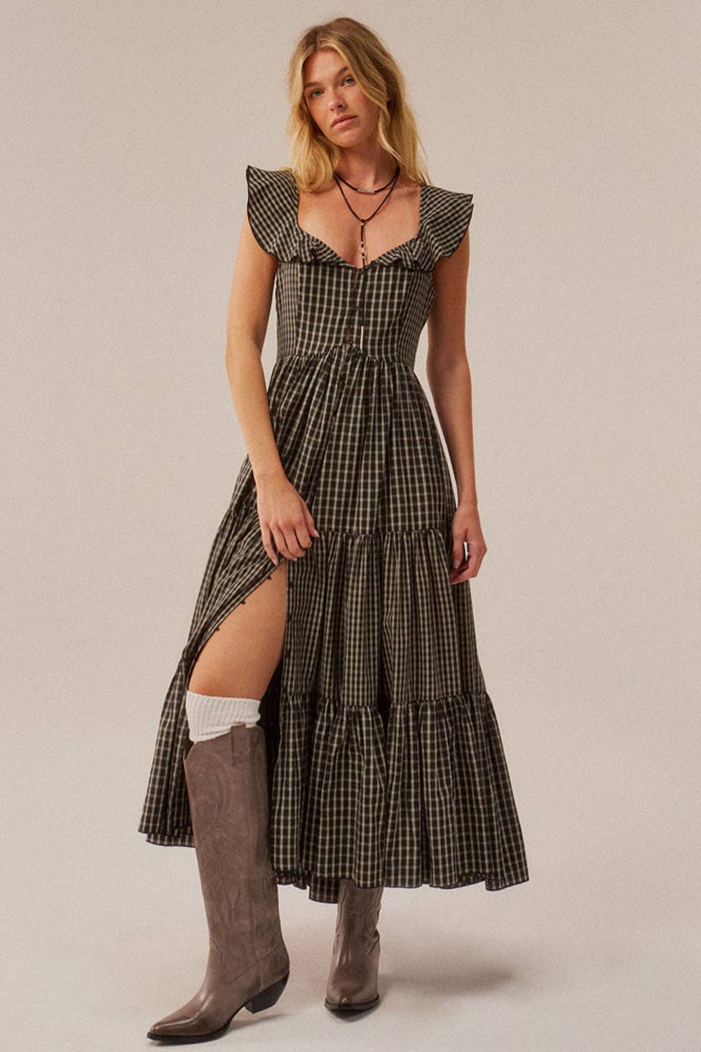 Plaid Button-Front Sweetheart Tiered Ruffle Midi Dress