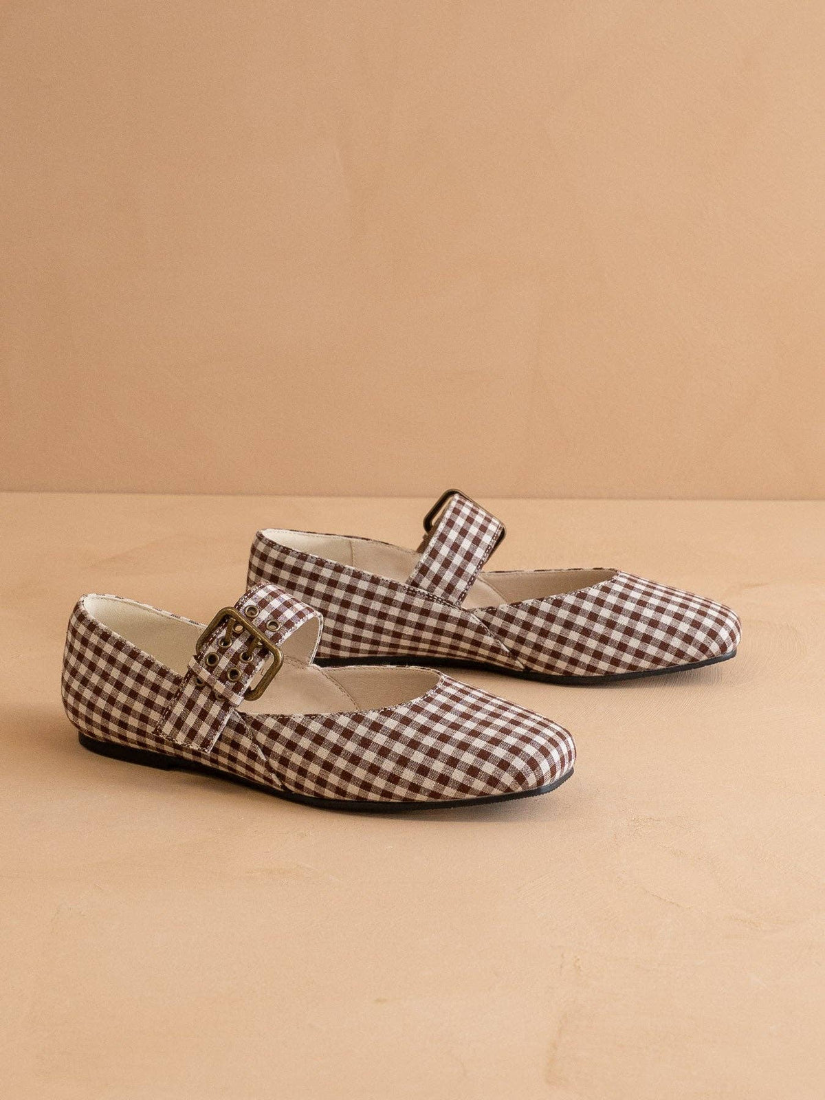 Coffee Gingham Ballet Flats Buckle