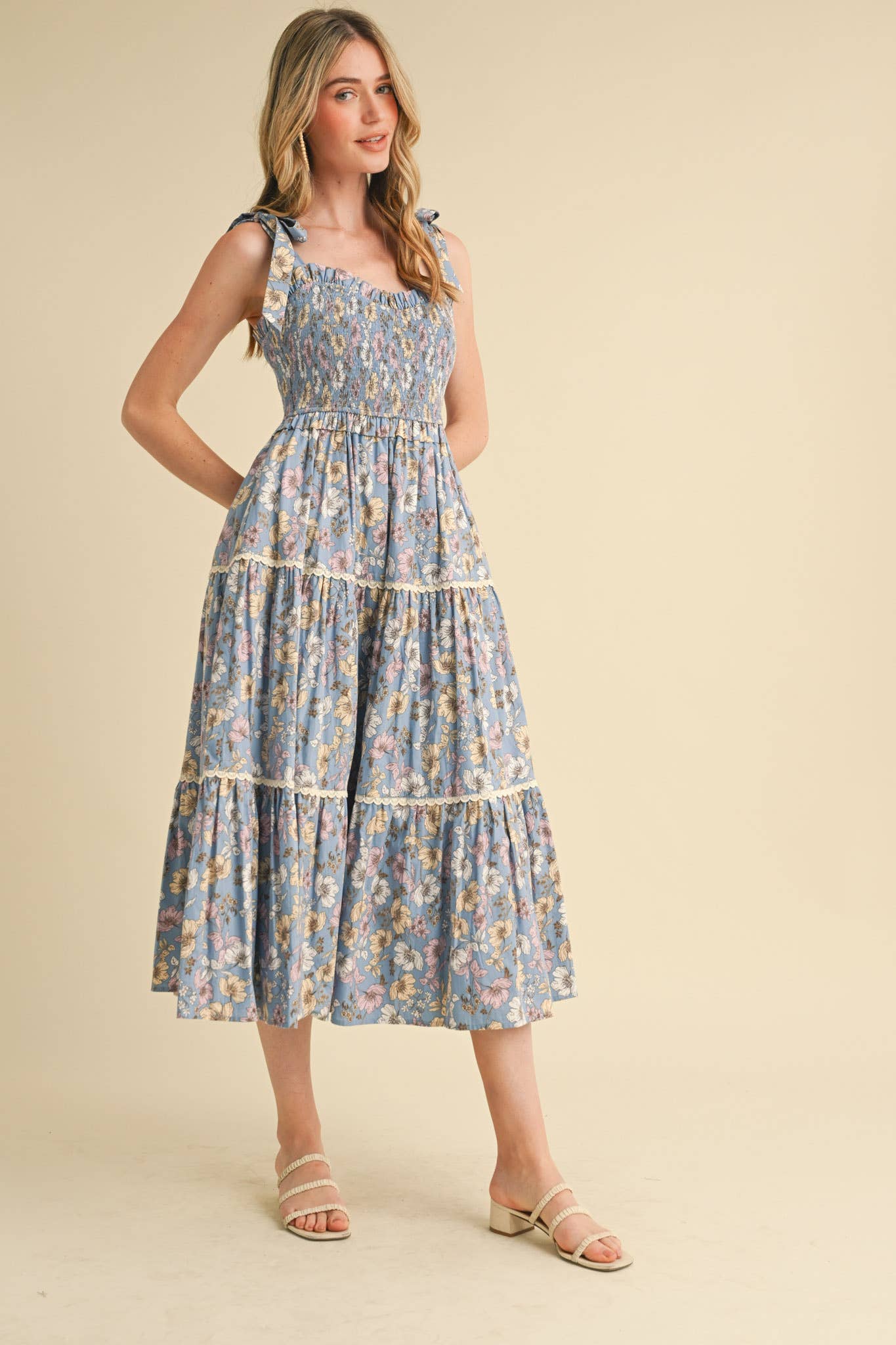 Floral Ruffled Lace Trim Midi Dress