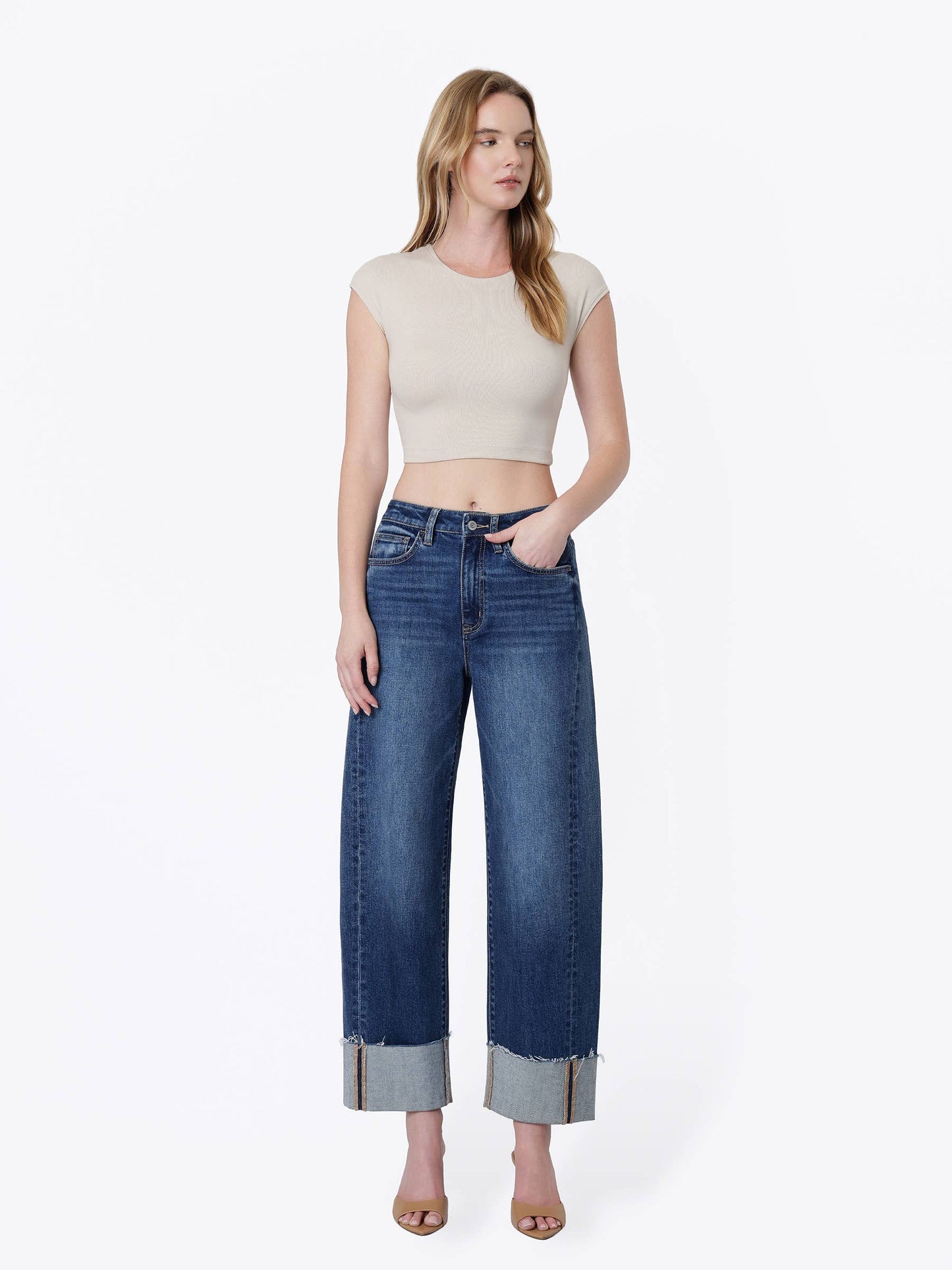 Super High Rise Side Paneled Cuff Barrel Jeans