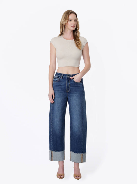 Super High Rise Side Paneled Cuff Barrel Jeans
