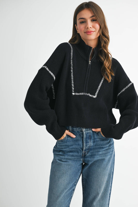 Contrast Stitch Quarter-Zip Sweater