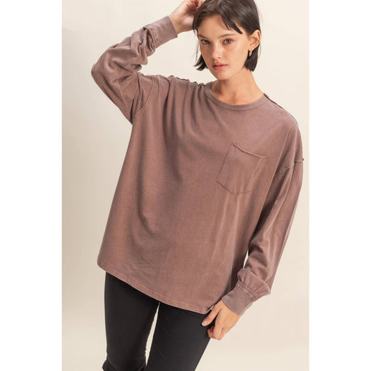 Oversized Washed Long Sleeve Pocket Tee