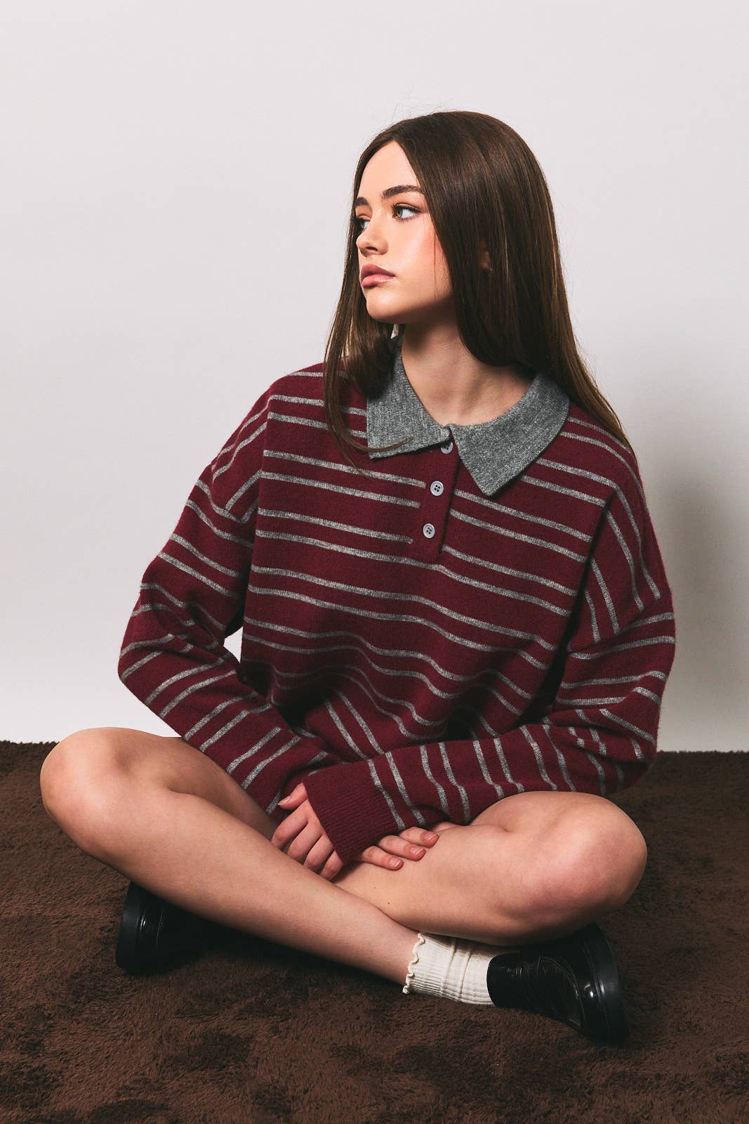 Maroon Striped Collared Knit Pullover Sweater
