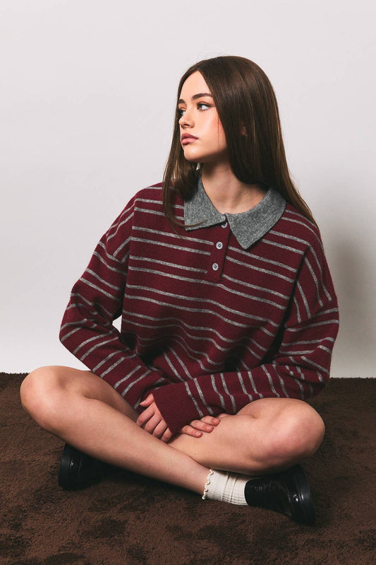 Maroon Striped Collared Knit Pullover Sweater