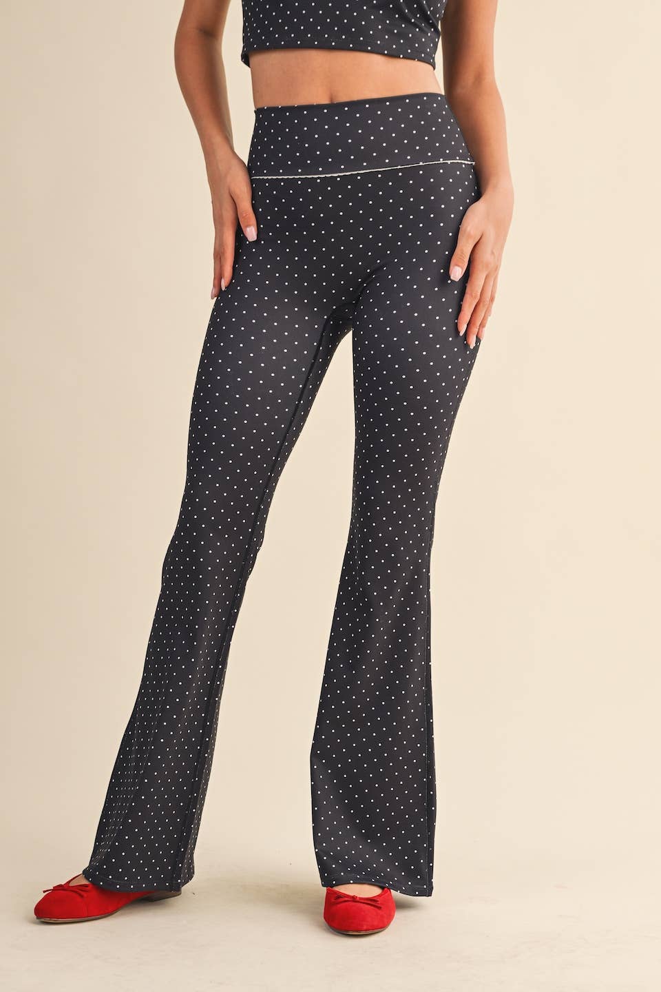 Polka Dot Print High Waist Flare Pants with Lace Trim