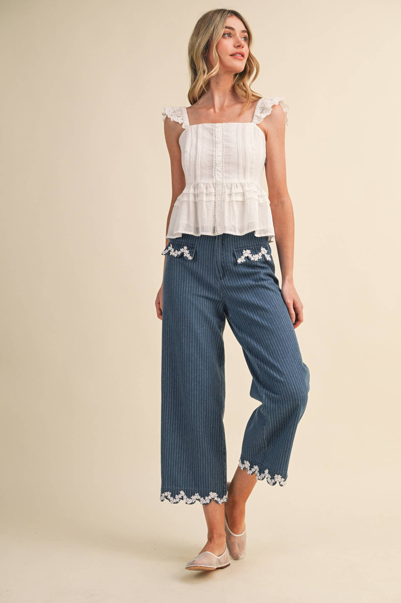 Eyelet Flutter Sleeve Peplum Top