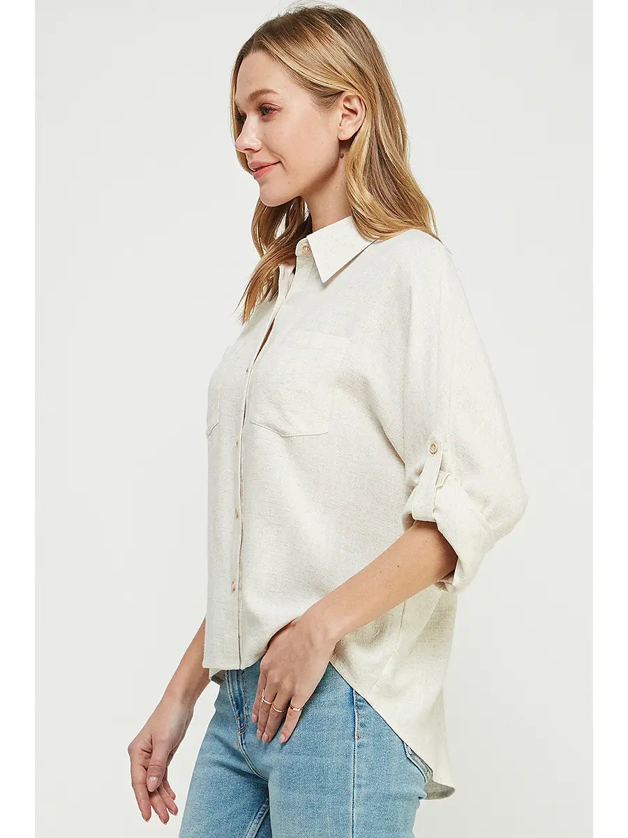 Linen Blend Dolman Button Shirt