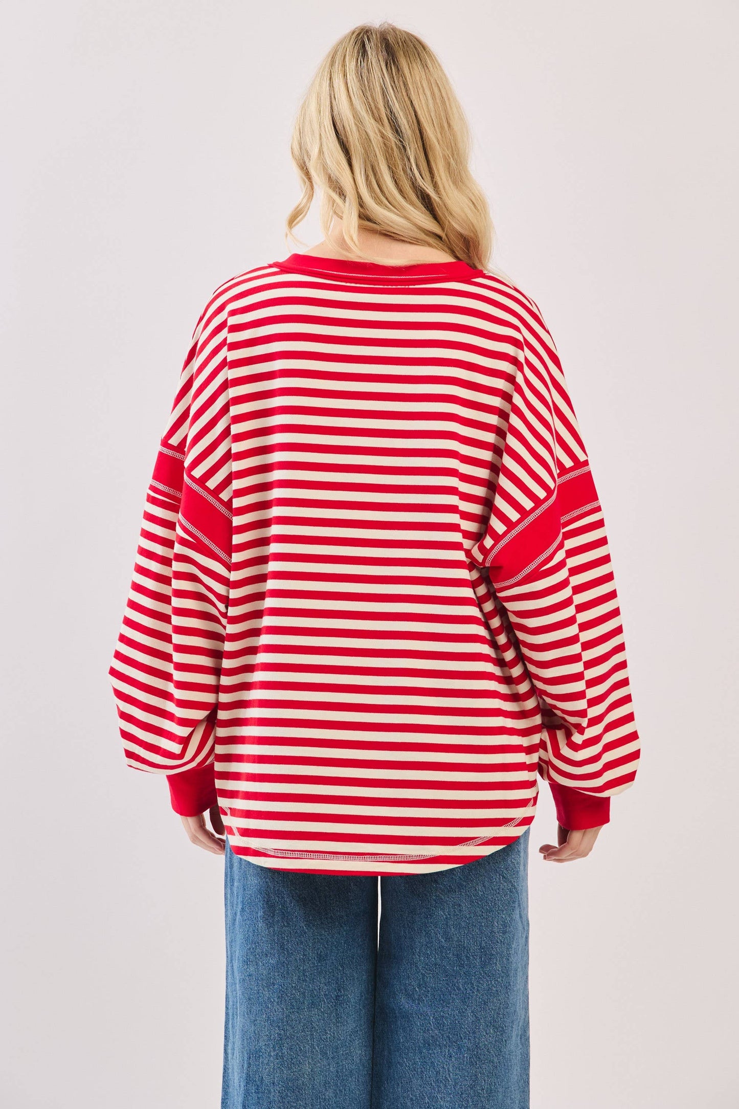 Striped Balloon Sleeve V-Neck Knit Top