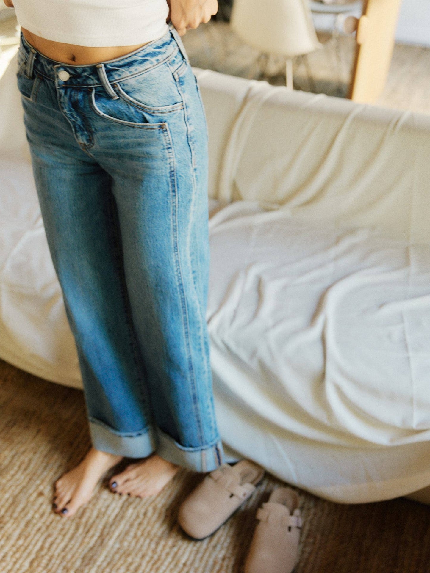 High Rise Cuffed Panel Baggy Wide Jeans