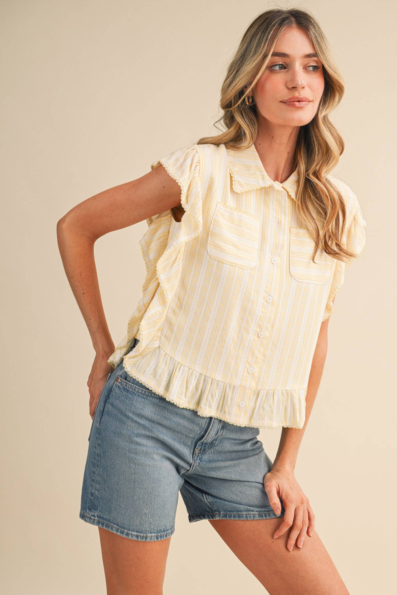 Striped Button Down Top With Scalloped Lace Trim