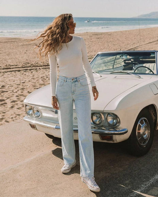 High Rise Pink Thread Straight Jeans