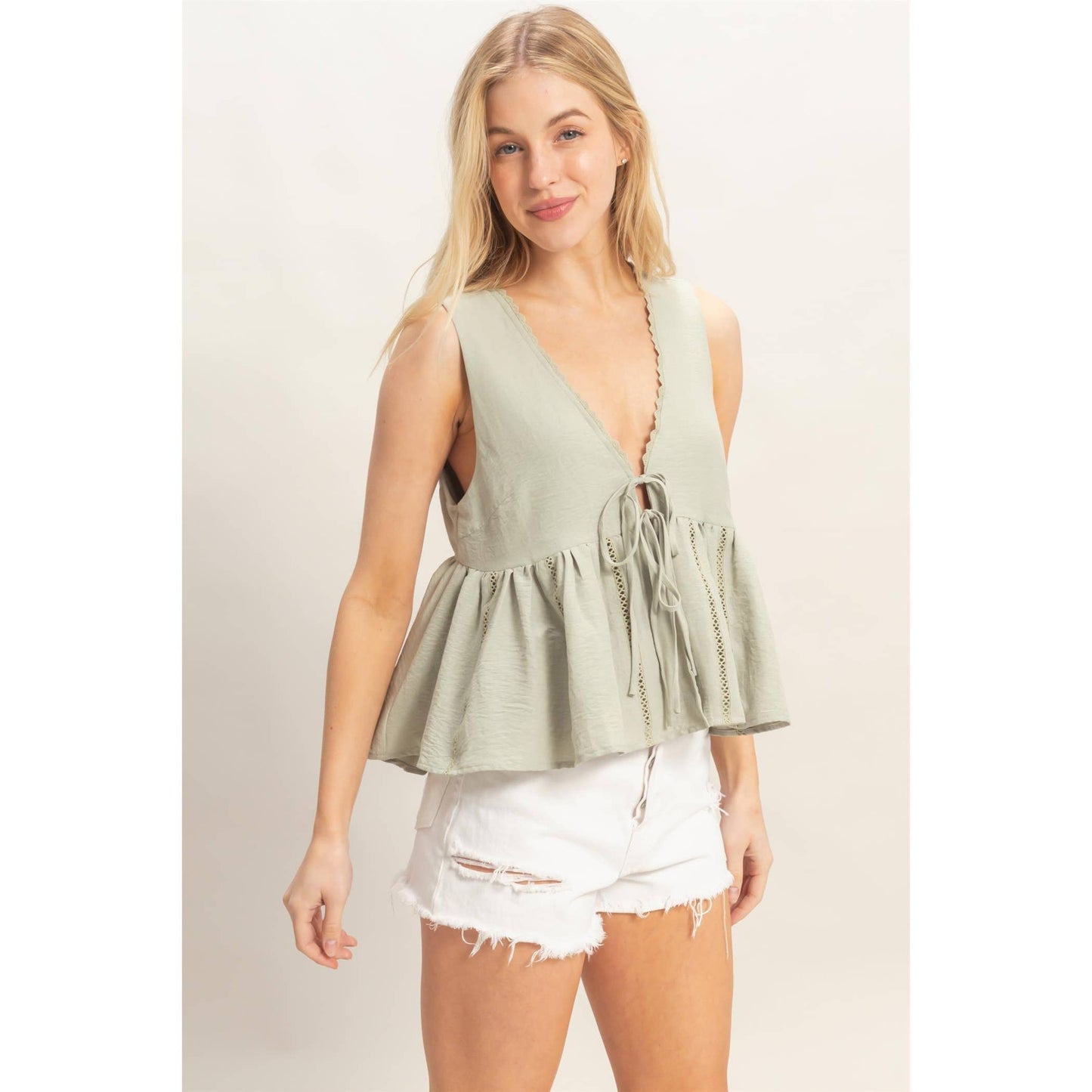 Lace Trim Tie Front Top