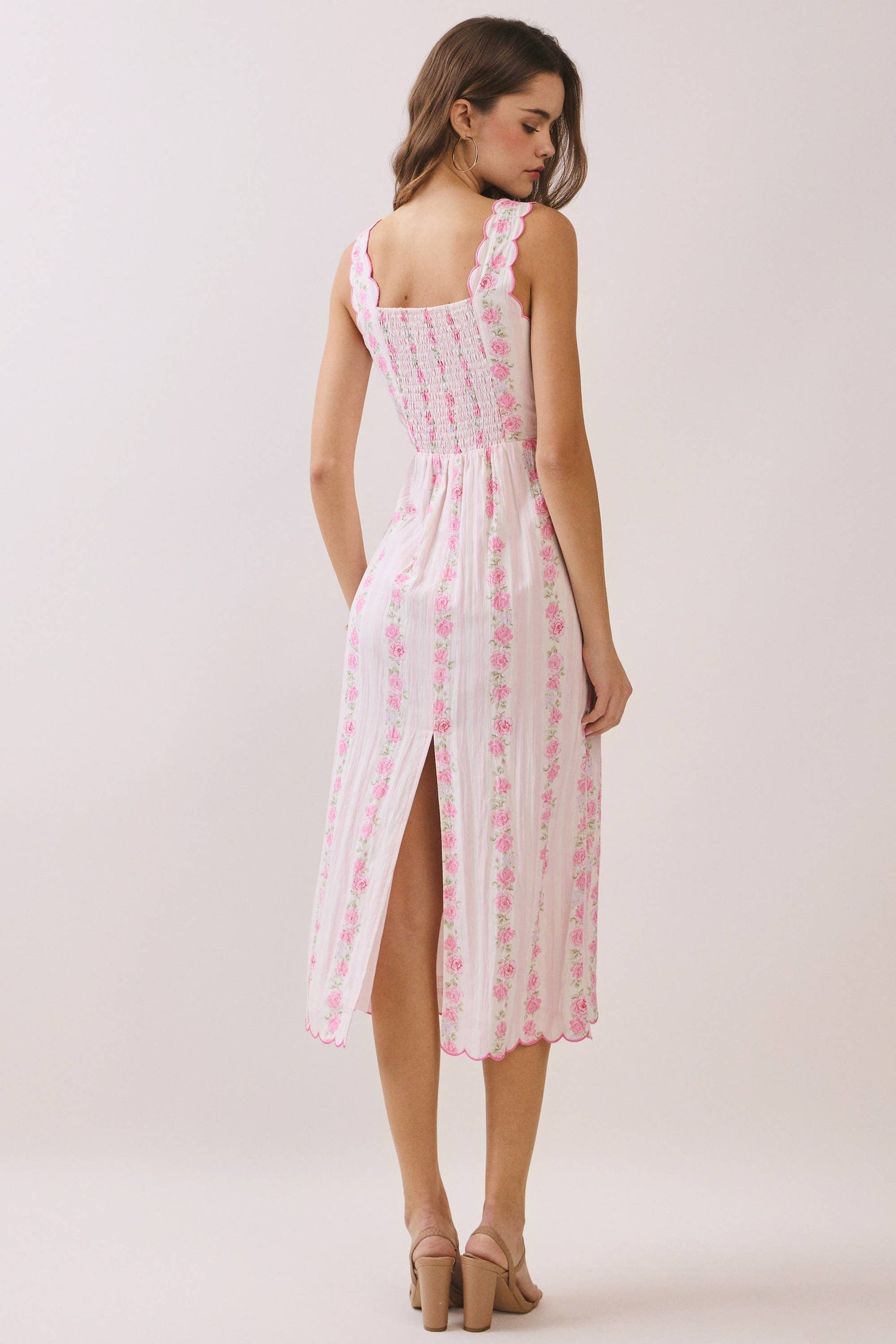 Floral Print Scalloped Detail Back Smocked Dress