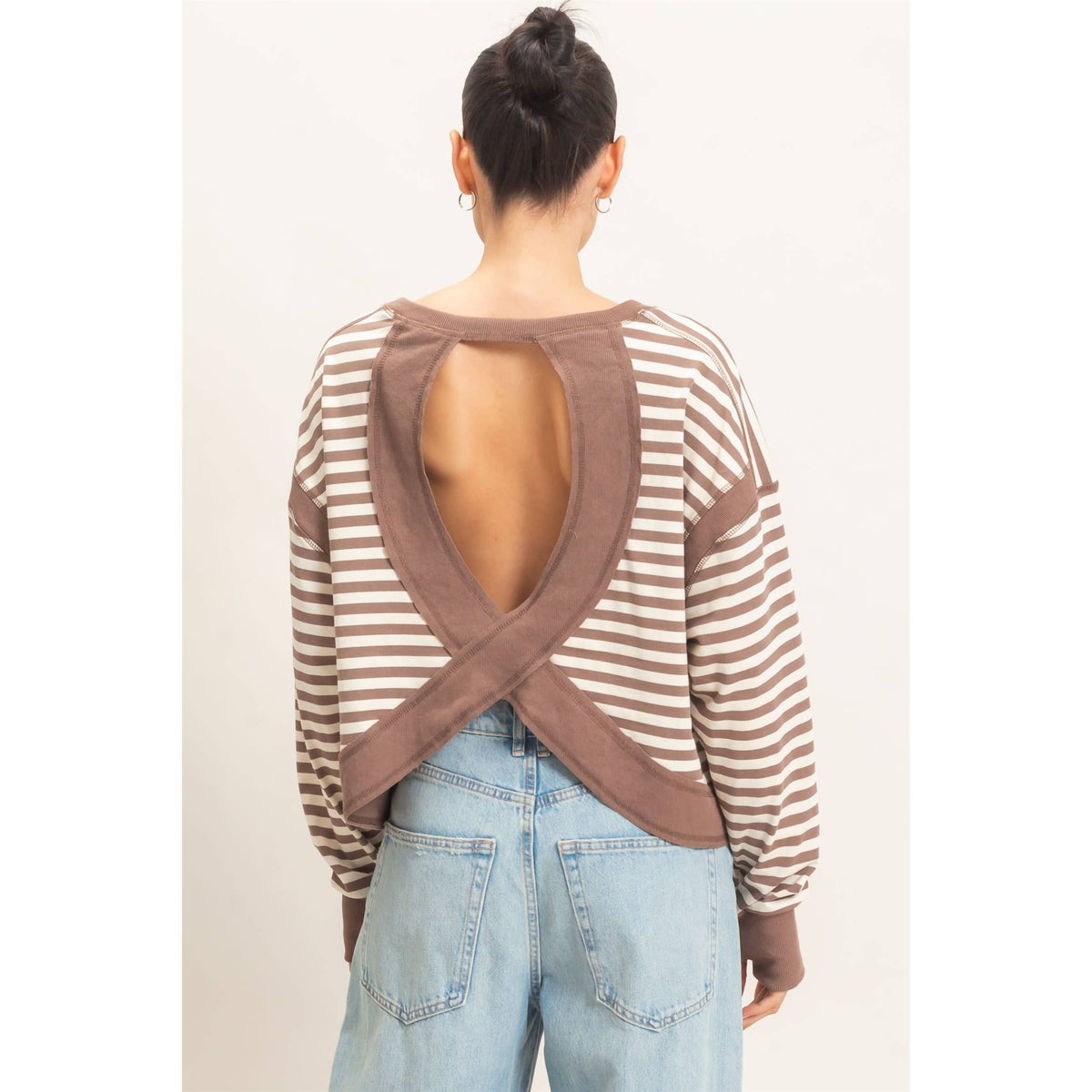 Striped Long Sleeve Open Back Top