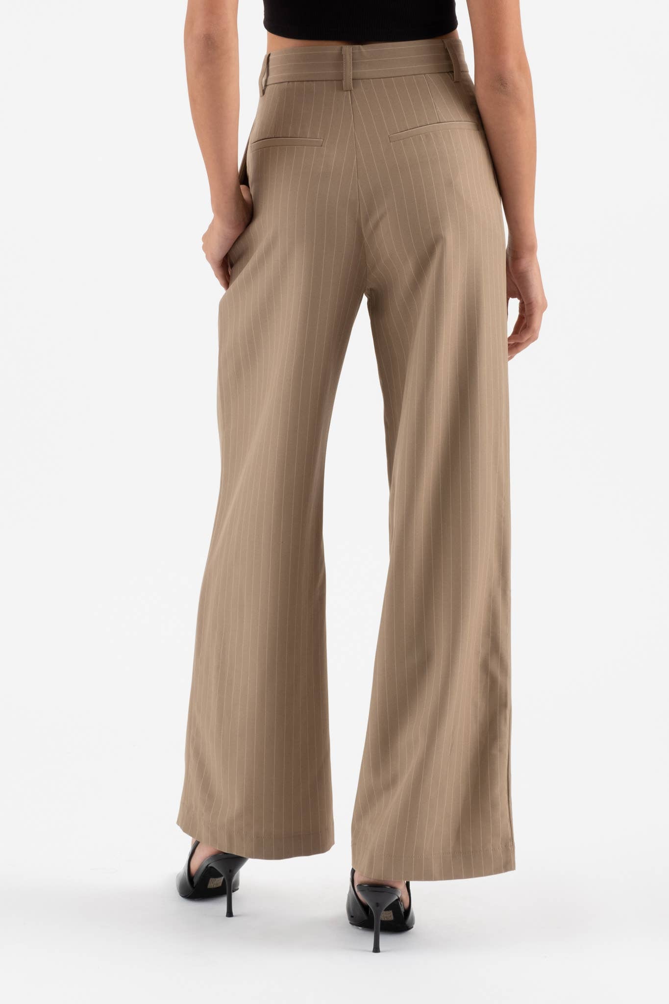 PINSTRIPE FLARE LEG PLEATED PANTS