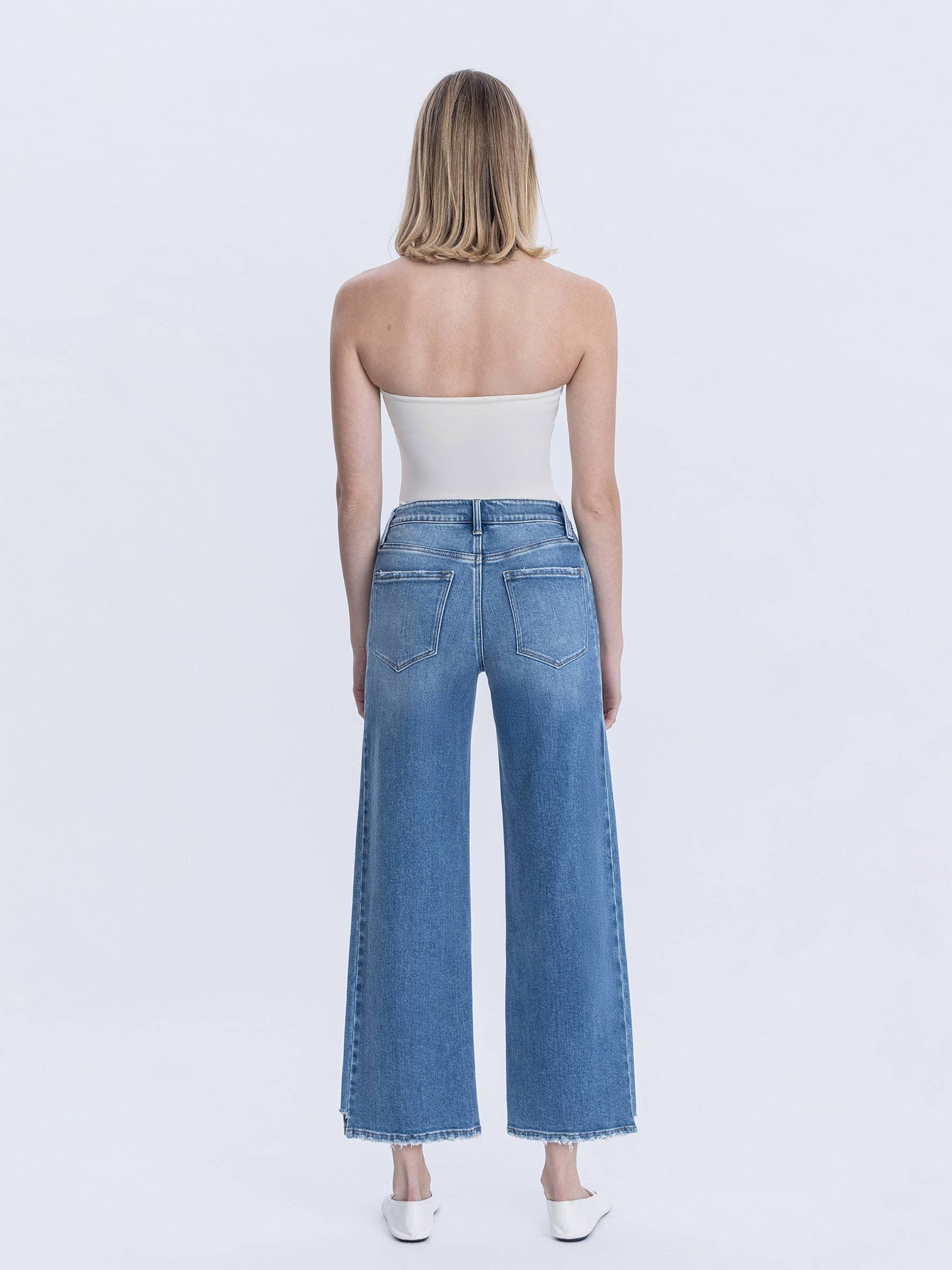 High Rise Side Panel Step Hem Ankle Wide Jeans