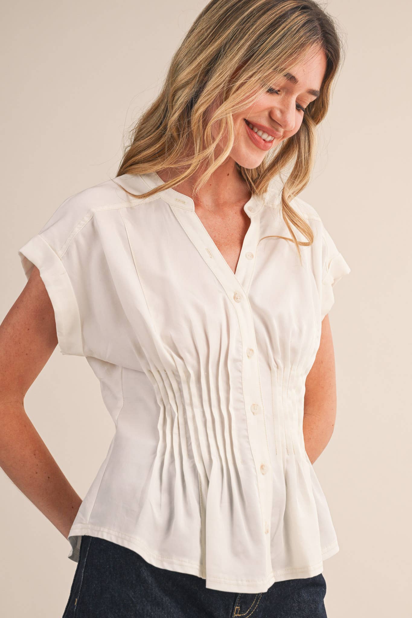 Pin Tuck Waist Button Down Top