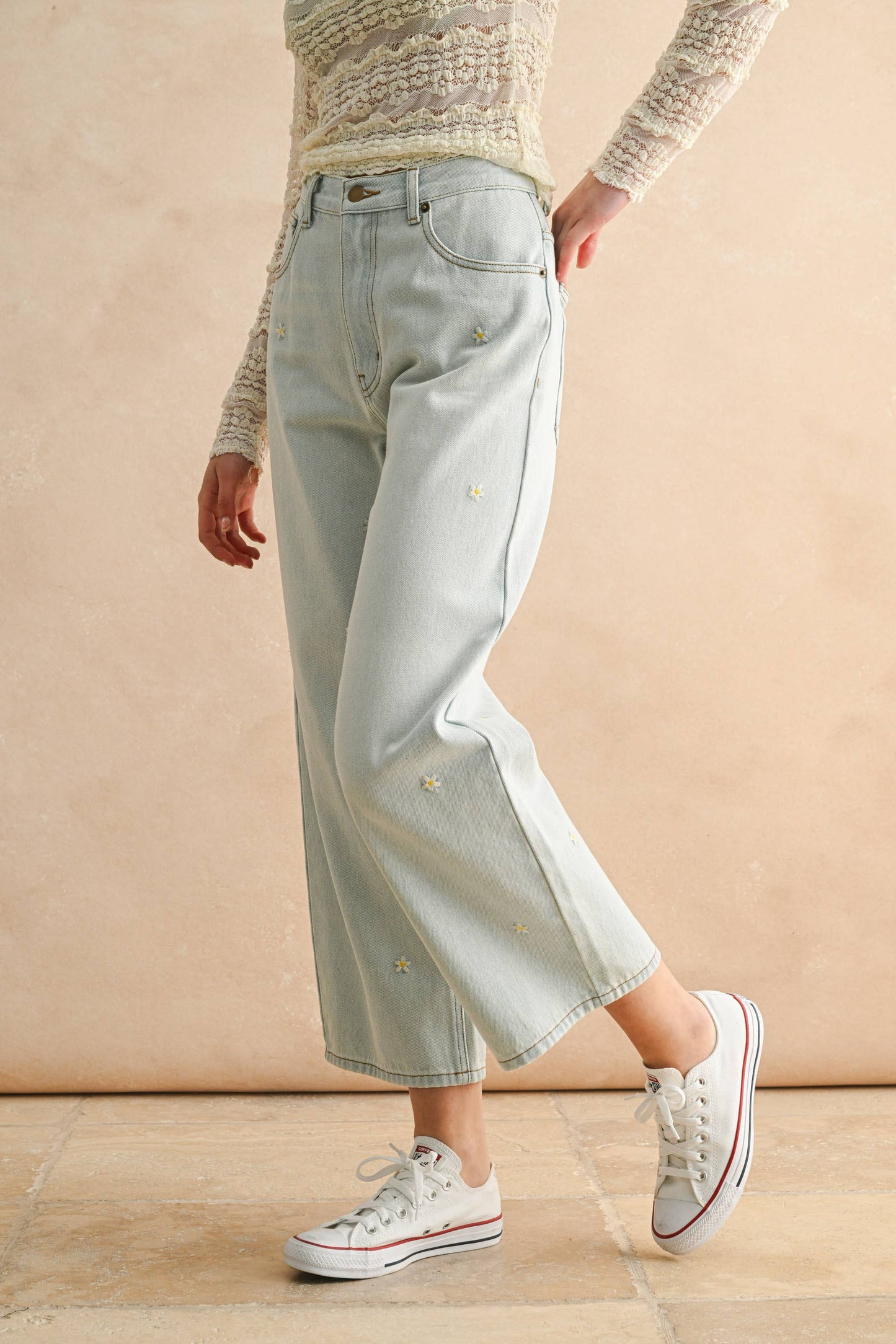 Flower Embroidered Denim Pants