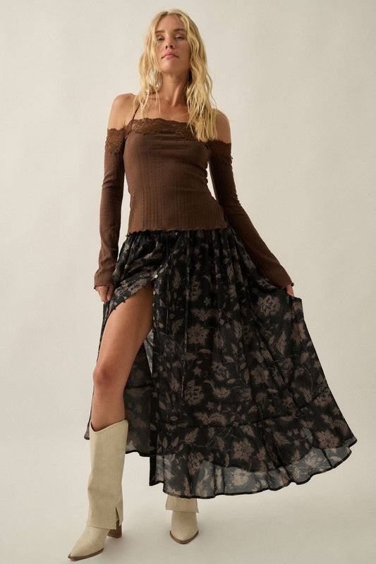 Floral-Print Button-Front Ruffle Maxi Skirt