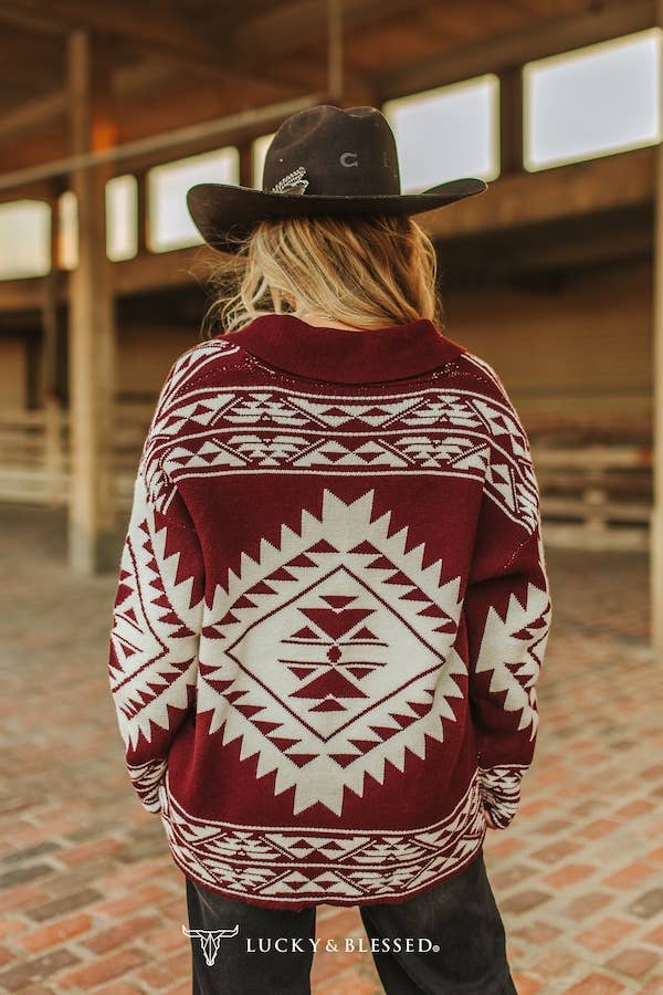 Wine Aztec Round Hem Knit Buffalo Button Down Sweater