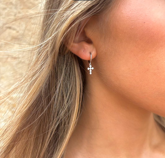 Crystal Cross Huggies- Silver