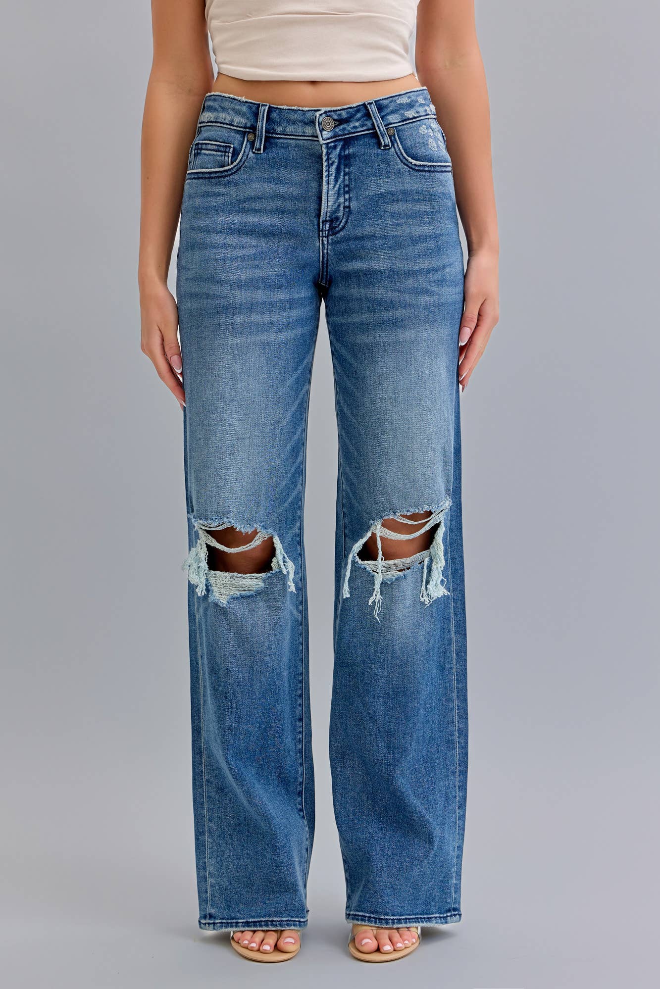 Dark Wash Mid Rise Distressed Dad Jean