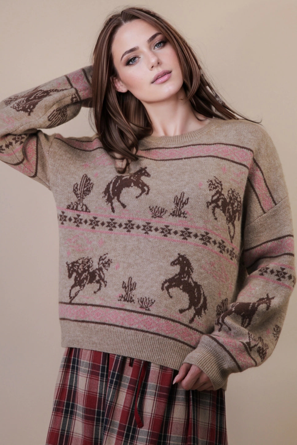 Oversized Western Graphic Knit Sweater Top