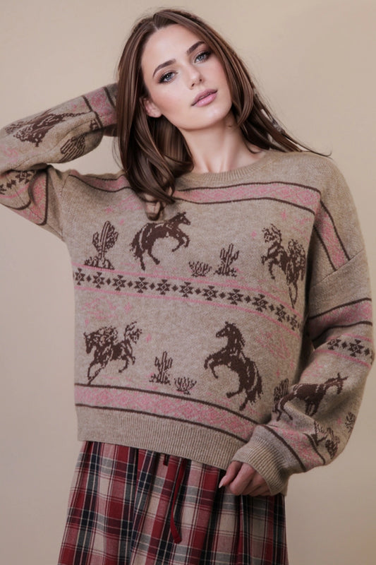Oversized Western Graphic Knit Sweater Top