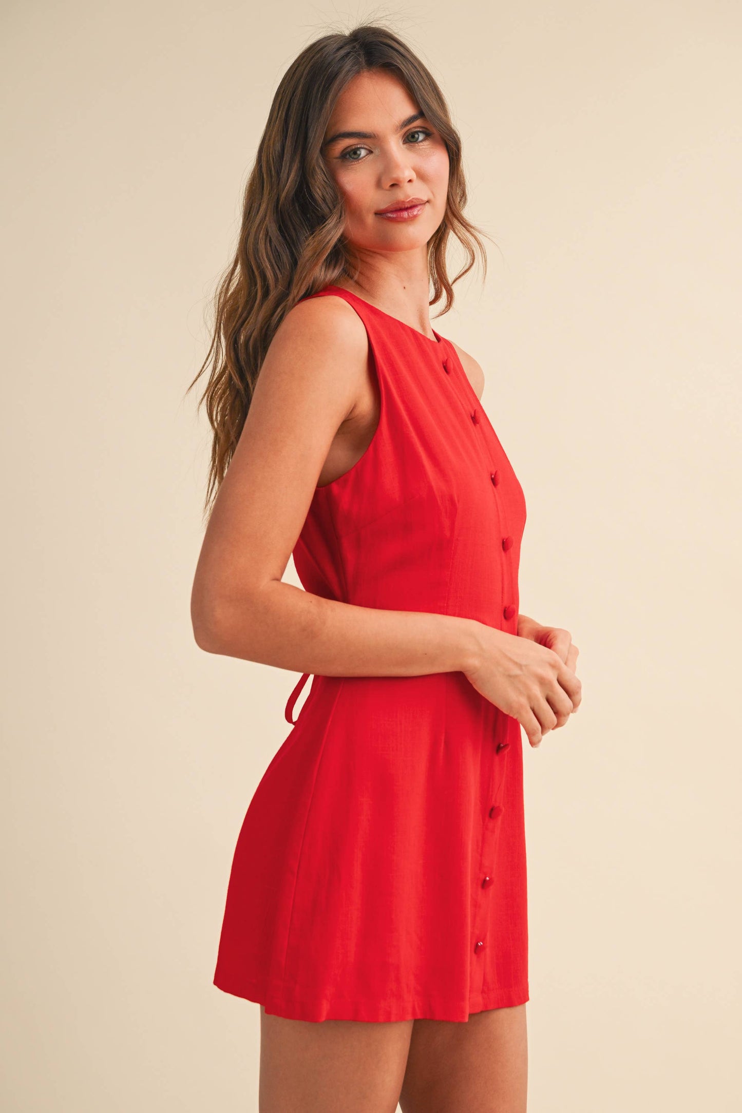 Linen Blend Red Mini Dress